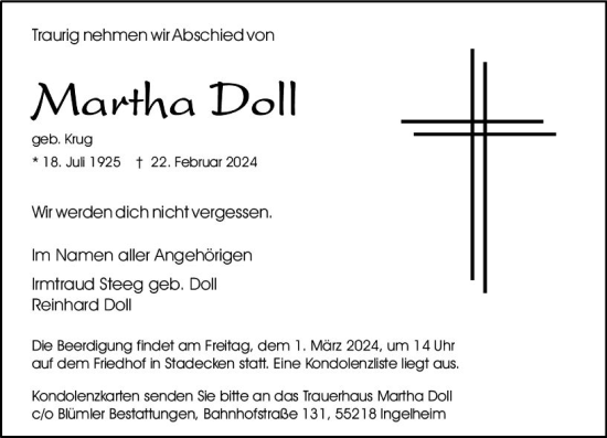 Traueranzeige von Martha Doll von Allgemeine Zeitung Mainz
