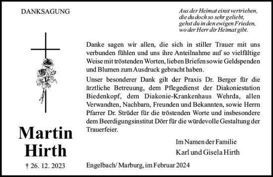 Traueranzeige von Martin Hirth von Hinterländer Anzeiger