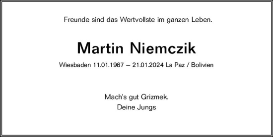 Traueranzeige von Martin Niemczik von Wiesbadener Kurier