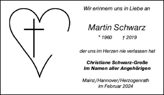 Traueranzeige von Martin Schwarz von Allgemeine Zeitung Mainz