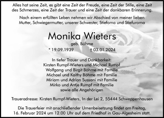 Traueranzeige von Monika Wieters von Allgemeine Zeitung Bingen/Ingelheim