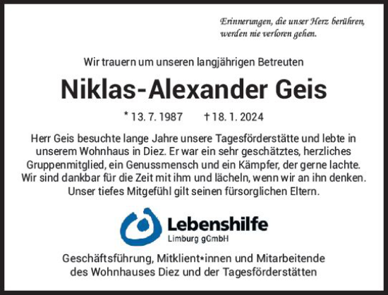 Traueranzeige von Niklas-Alexander Geis von Nassauische Neue Presse