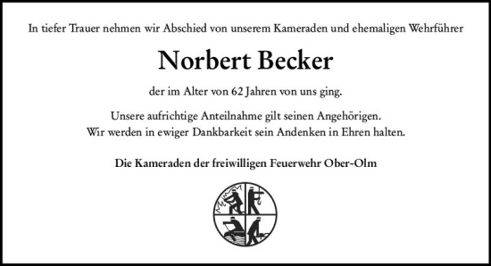 Traueranzeige von Norbert Becker von Allgemeine Zeitung Mainz