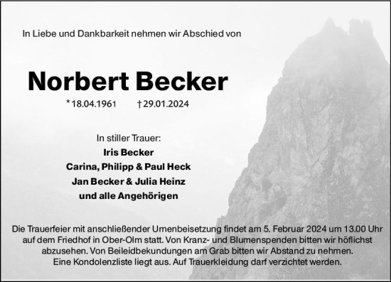 Traueranzeige von Norbert Becker von Allgemeine Zeitung Mainz