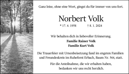 Traueranzeige von Norbert Volk von Odenwälder Echo