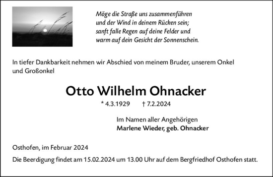 Traueranzeige von Otto Wilhelm Ohnacker von Wormser Zeitung