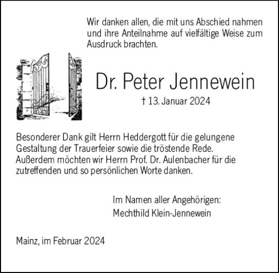 Traueranzeige von Peter Jennewein von Allgemeine Zeitung Mainz