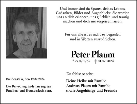 Traueranzeige von Peter Plaum von Hinterländer Anzeiger