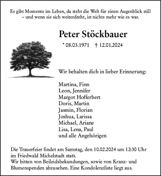 Traueranzeige von Peter Stöckbauer von Odenwälder Echo