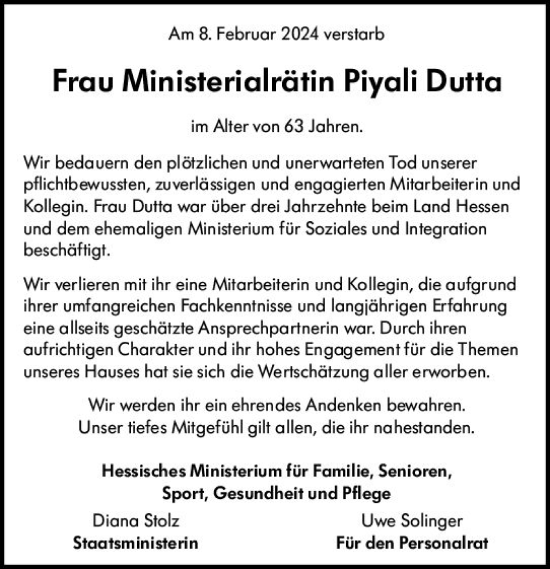 Traueranzeige von Piyali Dutta von Wiesbadener Kurier