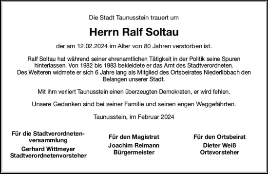 Traueranzeige von Ralf Soltau von Idsteiner Land/Untertaunus