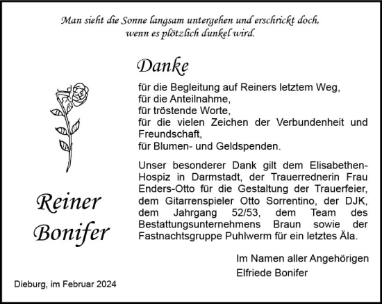 Traueranzeige von Reiner Bonifer von Dieburger Anzeiger/Groß-Zimmerner Lokal-Anzeiger