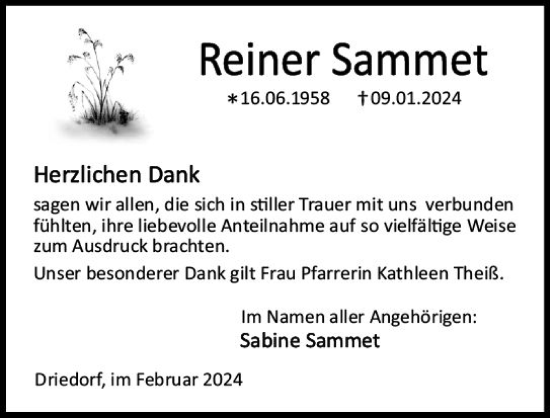 Traueranzeige von Reiner Sammet von Dill Block