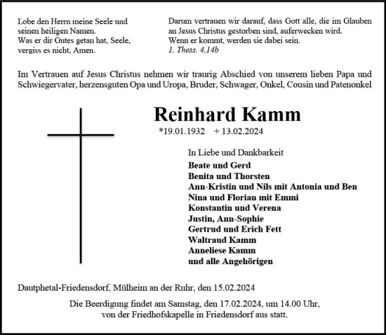 Traueranzeige von Reinhard Kamm von Hinterländer Anzeiger