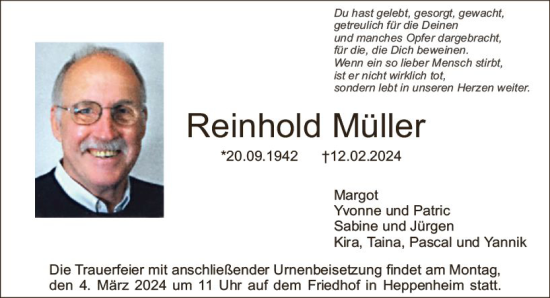 Traueranzeige von Reinhold Müller von Starkenburger Echo