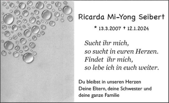 Traueranzeige von Ricarda Mi-Yong Seibert von Darmstädter Echo