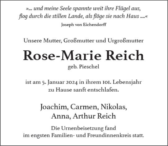Traueranzeige von Rose-Marie Reich von Wiesbadener Kurier