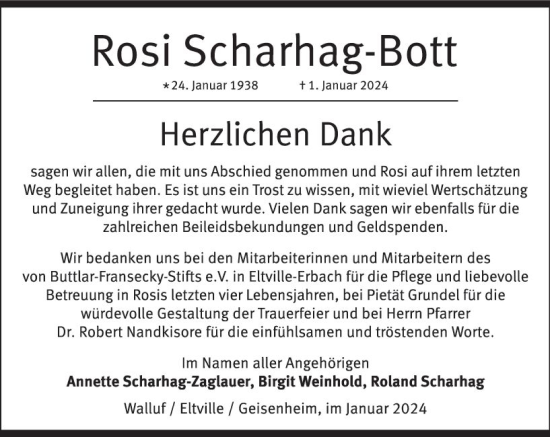 Traueranzeige von Rosi Scharhag-Bott von Rheingau Kurier