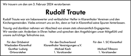 Traueranzeige von Rudolf Traute von Wiesbadener Kurier