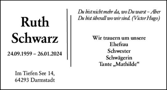 Traueranzeige von Ruth Schwarz von Darmstädter Echo