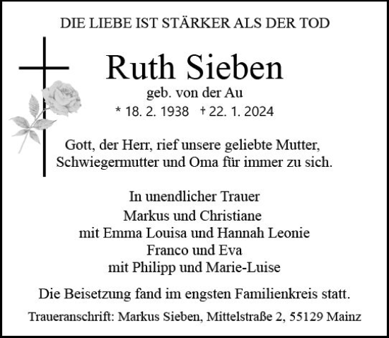 Traueranzeige von Ruth Sieben von Allgemeine Zeitung Mainz