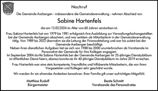 Traueranzeige von Sabine Hartenfels von Idsteiner Land/Untertaunus