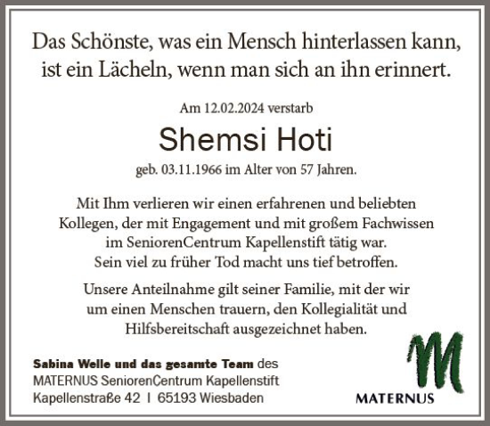 Traueranzeige von Shemsi Hoti von Wiesbadener Kurier