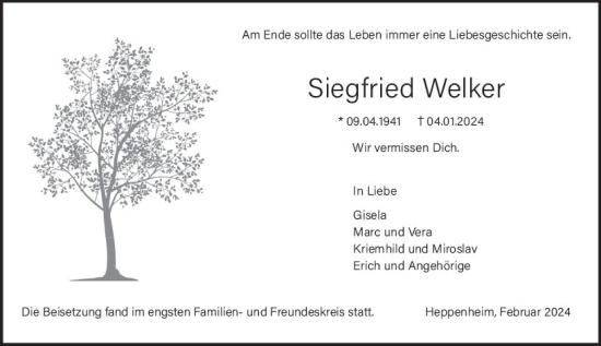 Traueranzeige von Siegfried Welker von Starkenburger Echo