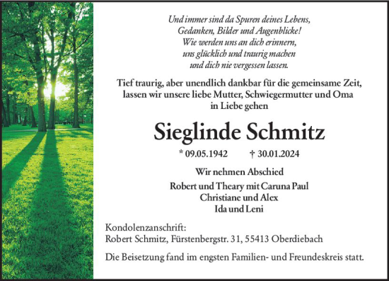 Traueranzeige von Sieglinde Schmitz von Allgemeine Zeitung Bingen/Ingelheim