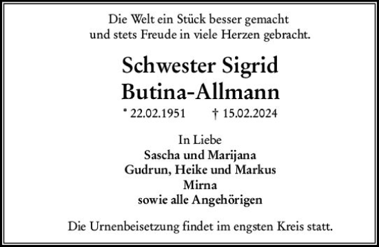 Traueranzeige von Sigrid Butina-Allmann von Darmstädter Echo