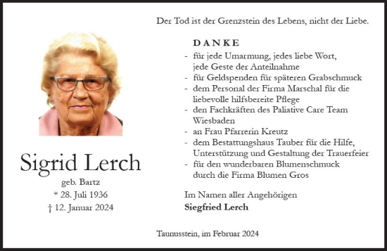 Traueranzeige von Sigrid Lerch von Idsteiner Land/Untertaunus