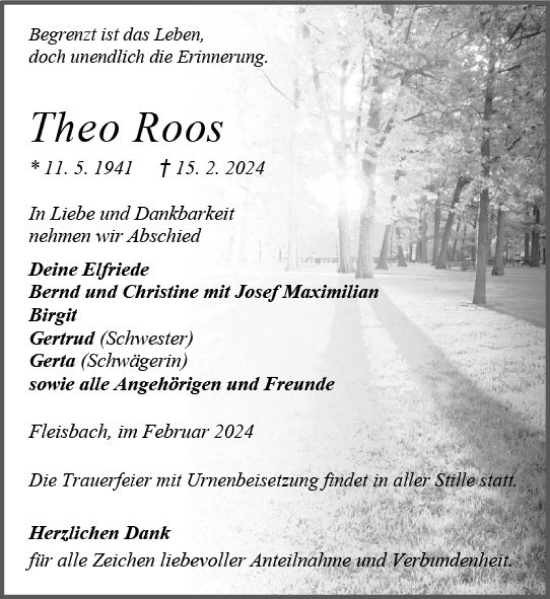 Traueranzeige von Theo Roos von Dill Block
