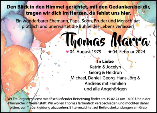 Traueranzeige von Thomas Marra von Allgemeine Zeitung Bad Kreuznach