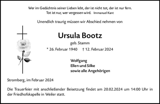 Traueranzeige von Ursula Bootz von Allgemeine Zeitung Bingen/Ingelheim