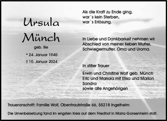 Traueranzeige von Ursula Münch von Allgemeine Zeitung Mainz