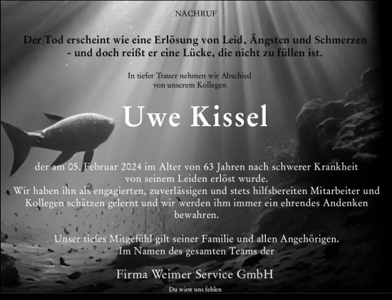 Traueranzeige von Uwe Kissel von Allgemeine Zeitung Bingen/Ingelheim
