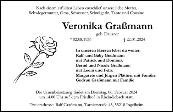 Traueranzeige von Veronika Graßmann von Allgemeine Zeitung Bingen/Ingelheim