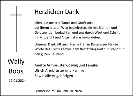 Traueranzeige von Wally Boos von Allgemeine Zeitung Alzey