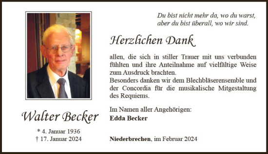 Traueranzeige von Walter Becker von Nassauische Neue Presse
