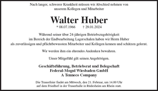 Traueranzeige von Walter Huber von Wiesbadener Kurier