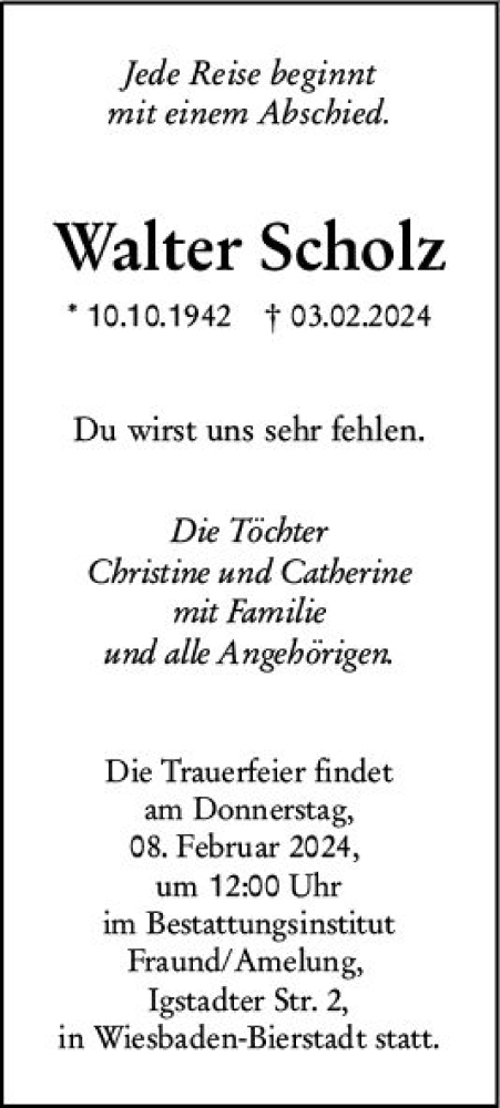 Traueranzeige von Walter Scholz von Wiesbadener Kurier