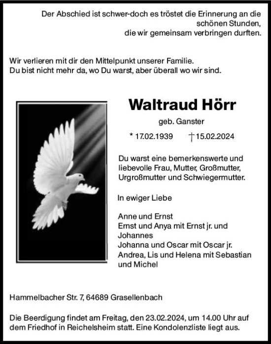Traueranzeige von Waltraud Hörr von Odenwälder Echo