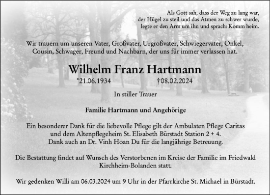Traueranzeige von Wilhelm Franz Hartmann von Starkenburger Echo