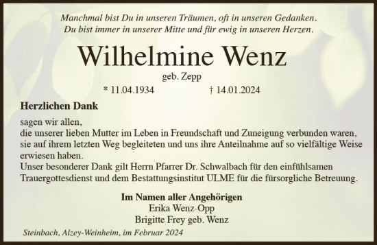 Traueranzeige von Wilhelmine Wenz von Allgemeine Zeitung Alzey