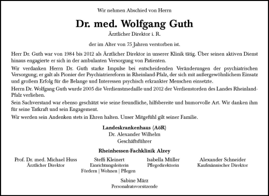 Traueranzeige von Wolfgang Guth von Allgemeine Zeitung Alzey