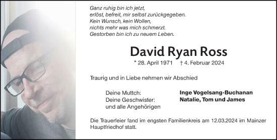 Traueranzeige von David Ryan Ross von Allgemeine Zeitung Mainz