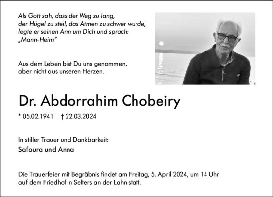 Traueranzeige von Abdorrahirn Chobeiry von Weilburger Tageblatt