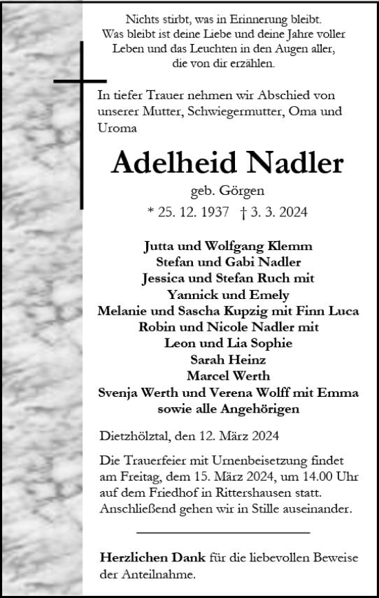 Traueranzeige von Adelheid Nadler von Dill Block
