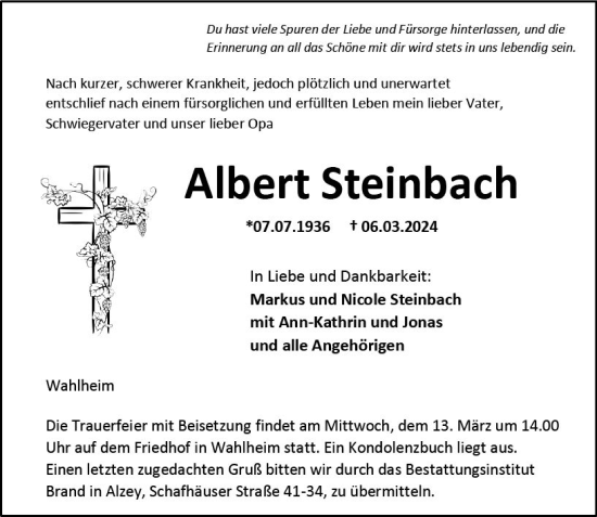 Traueranzeige von Albert Steinbach von Allgemeine Zeitung Alzey