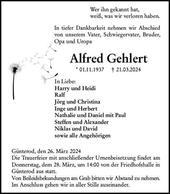 Traueranzeige von Alfred Gehlert von Hinterländer Anzeiger
